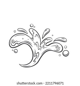 Water splash line icon vector illustration. Silhouette of surf spatters with abstract curve shapes, hand drawn outline sketch of sea or ocean wave drops drip, bubbles and spray of water or fluid