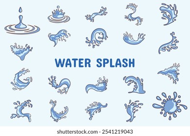 Conjunto de pegatinas de iconos de Ilustración vectorial de color lineal de salpicadura de agua Materiales de diseño