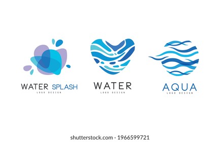 Water Splash Logo Design Set, Natural Aqua Blue Badges, Labels Vector Illustration