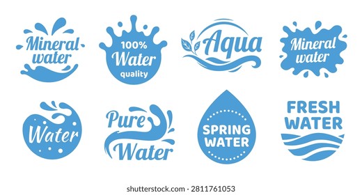 Water splash logo. Mineral drink label spring emblem, aqua drop splashes badge waterdrop symbol natural element moisture eco tag pure droplet text qualitative vector illustration