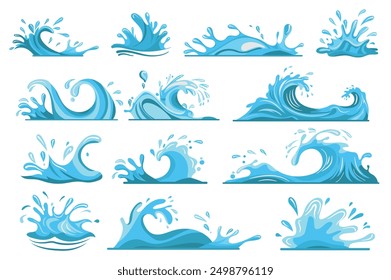 Water splash mega set elements in flat graphic design. Bundle objects of blue cartoon spraying and pouring waves, aqua streams with droplets, ripple puddles, swirl fountain forms. Vector illustration.