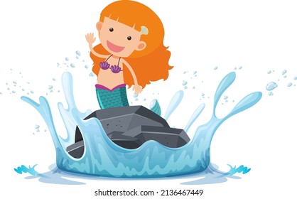 A water splash with mermaid on a stone on white background illustration
