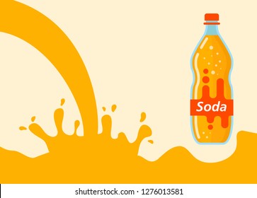 Water splash orange lemonade soda liquid.Bottle glass lemonade.Sparkling beverage fruit-flavored.Flat vector.Sweet water.