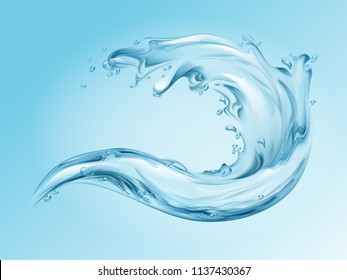 Water splash realistic vector illustration of 3d water wave with blue clear transparent effect of pure splashing drops. Template for mineral drinking water or moisturizer cosmetic package design