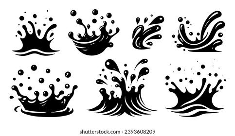 salpicaduras de agua, salpicaduras de río, olas, rociadores, derrames, gotas de agua de goteo. Se colocan siluetas de salpicadura líquida. Ilustración del vector