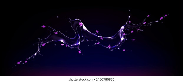 Water splash with rose petals and drops on a dark background. Purple splash of water, perfume, liquid with flower petals. Vector illustration.