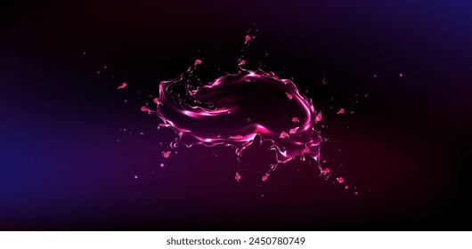 Water splash with rose or sakura petals and drops on a dark pink and purple background. Pink splash of water, perfume, liquid with flower petals. Vector illustration.