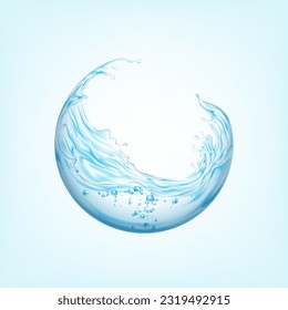 Water splash in round shape . Liquid splashing ball with drops. 3D vector illustration