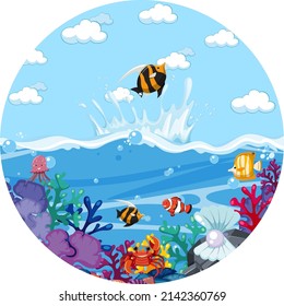 A water splash scene with fish on white background illustration