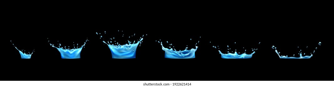 Water splash sequence animation sprite sheet for motion graphic or mobile game. Dripping effect with drops in shape of crown with liquid aqua dynamic splashing, Realistic 3d vector Illustration, set