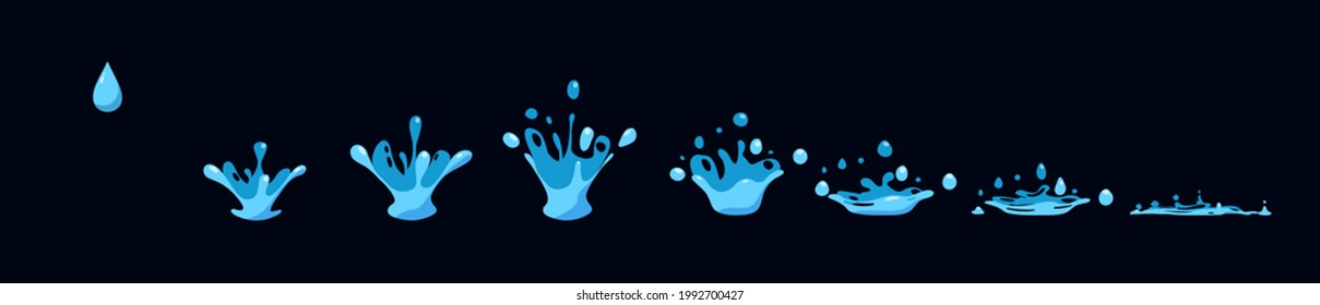 Water splash sequence animation sprite sheet for motion graphic . Dripping effect with drops in realistic shape with liquid aqua dynamic splashing. Vector illustration.