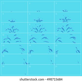 Water Splash Sequence Animation Sprite Sheet. Vector frames iillustration blue background