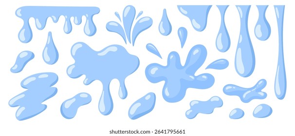 Water splash set. Blue dripping water drops, blots, swirl, pour, splashes, and shapes. Liquid flow, wave, stream and puddles. Flat vector illustration isolated on white background