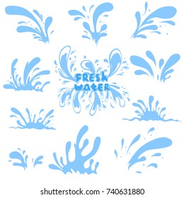 Water splash Set. Splash of Blue Water Drops. Inscription - Fresh water. Cartoon style. Vector illustration.