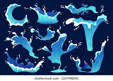 Water splash set concept without people scene in the flat cartoon style. Image of water waves on a dark background. Vector illustration.