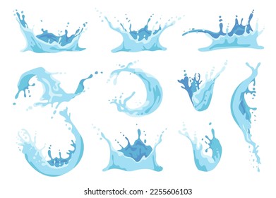 La salpicadura de agua define elementos gráficos en diseño plano. Conjunto de diferentes olas de rizos de flujo líquido, movimiento acuático giratorio puro, corona con gotitas de aerosol. Ilustración vectorial de objetos aislados