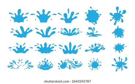 Água salpicada. ing gotas de chuva, ondas e derramamento. Córrego de água fresco, poças e splats. forma de arte inesperada do momento do caos água splash, ilustração Victor eps 10