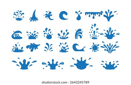 Water splash set. ing raindrops, waves and spill. Fresh aqua stream, puddles and splats. unexpected art form from moment of chaos water splash,  Victor illustration eps 10
