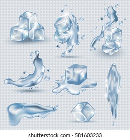 Water splash set isolated on transparent background,vector illustration.Collection of transparency vector files.3D aqua iced cubes.For web site,poster,placard,flyer and wallpaper