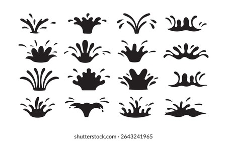 Water splash set. Water and juice splash liquide. Black A dripped droplet, delicate dancer in ballet of fluids spill shape, Victor illustration eps 10