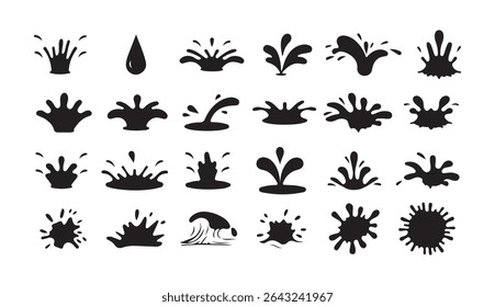 Water splash set. Water and juice splash liquide. Black A dripped droplet, delicate dancer in ballet of fluids spill shape, Victor illustration eps 10