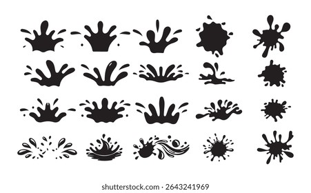 Water splash set. Water and juice splash liquide. Black A dripped droplet, delicate dancer in ballet of fluids spill shape, Victor illustration eps 10