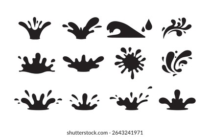 Water splash set. Water and juice splash liquide. Black A dripped droplet, delicate dancer in ballet of fluids spill shape, Victor illustration eps 10