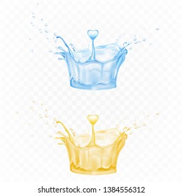 Water splash set in shape of crown in blue and yellow colors with spray droplets and heart drop on transparent background. Dynamic motion, hydration element for ad. Realistic 3d vector Illustration