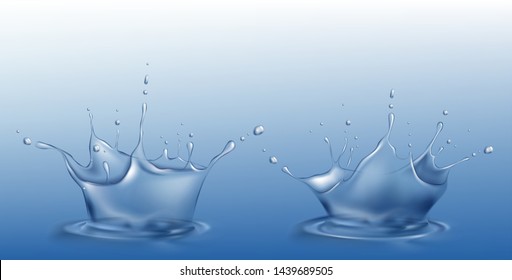 Water splash set in shape of crown with spray droplets and dispersing circles on liquid surface. Aqua dynamic motion on blue background. Pure hydration ad element. Realistic 3d vector Illustration