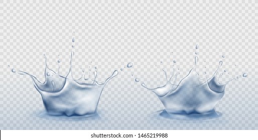Water splash set in shape of crown with spray droplets and dispersing circles on liquid surface. Aqua dynamic motion on transparent background, hydration ad element. Realistic 3d vector Illustration