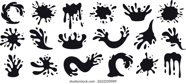 Água salta formas com gotículas. Silhueta de borrifador de tinta, vazamento de tinta, fluido fluido fluido fluido e manchas líquidas. A intermitência dinâmica espalha o conjunto de vetores isolado desenhado à mão.