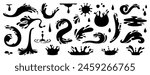 Water splash silhouettes. Black liquid shapes, ink drops, falling watering, cry tears, paint spill, spray, wet circle ripples, aqua splatter. Water symbols and water objects. Vector set. Flowing fluid