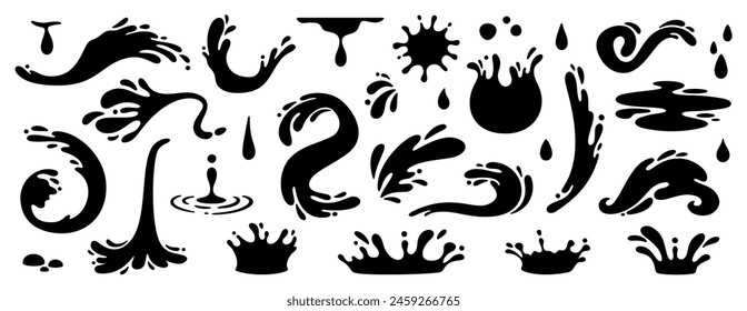 Water splash silhouettes. Black liquid shapes, ink drops, falling watering, cry tears, paint spill, spray, wet circle ripples, aqua splatter. Water symbols and water objects. Vector set. Flowing fluid