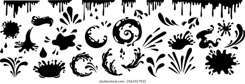 Water splash silhouettes. Black liquid shapes, ink drops, falling watering, cry tears, paint spill, spray, wet circle ripples, aqua splatter. Water symbols and water objects. Vector set