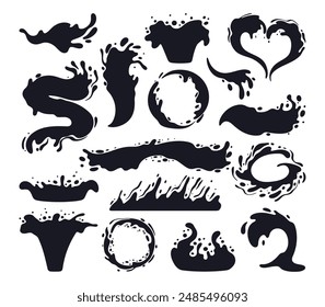 Water splash silhouettes. Cartoon liquid drops, flows and waves, black aqua splashes flat vector illustration set. Water splash silhouettes