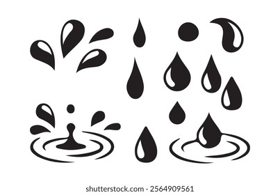 Water splash silhouettes. ink drops, falling watering, cry tears, paint spill, spray, wet circle ripples, aqua splatter.water splash on black vector design set of illustration isolated white backgroun