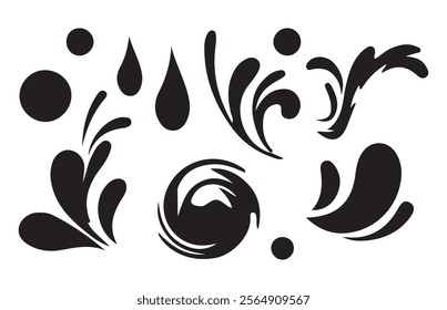 Water splash silhouettes. ink drops, falling watering, cry tears, paint spill, spray, wet circle ripples, aqua splatter.water splash on black vector design set of illustration isolated white backgroun