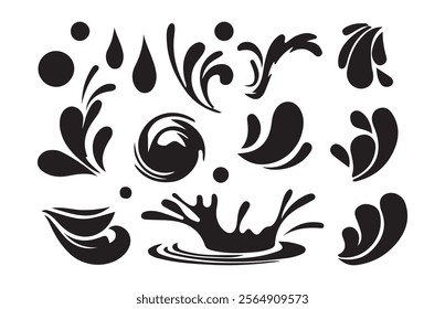 Water splash silhouettes. ink drops, falling watering, cry tears, paint spill, spray, wet circle ripples, aqua splatter.water splash on black vector design set of illustration isolated white backgroun