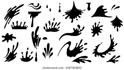 Water splash silhouettes, ink drops, falling water, spray, tears, paint spill, aqua splatter, aqua, ripples