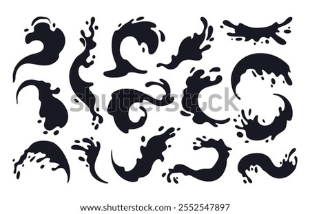 Water splash silhouettes. Liquid flows, drops and waves, water splash silhouettes flat vector illustration set. Cartoon black aqua splashes