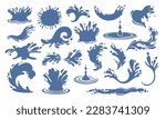 Water splash silhouettes set vector illustration. Blue stamps of ocean or sea wave with splatters and water spray, falling droplets of fountain and circle ripples, ink or paint stain of simple shapes