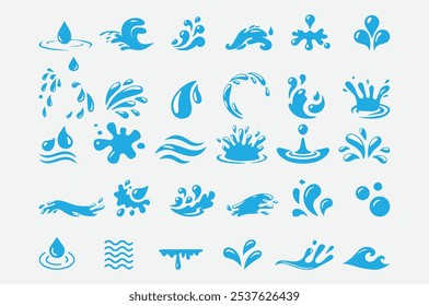 Siluetas de salpicaduras de agua fijadas en Ilustración vectorial. Sellos azules de la ola del océano o del mar con salpicaduras y el espray de agua, gotículas que caen de la fuente