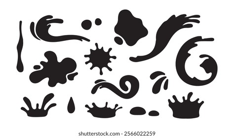 Water splash silhouettes.Water drops shapes, liquid burst splashes and ink blot hand drawn vector set of silhouette.