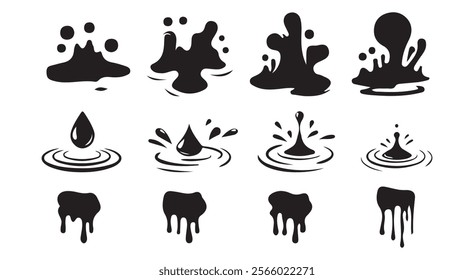 Water splash silhouettes.Water drops shapes, liquid burst splashes and ink blot hand drawn vector set of silhouette.