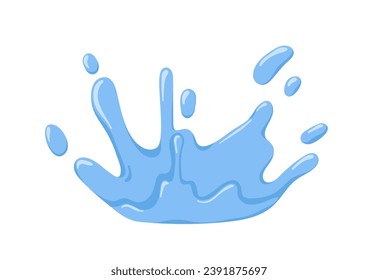 Water splash, spay, spatter in motion. Fresh clean aqua splatter, flow. Dynamic blue liquid of crown shape. Refreshing fluid, design element. Flat vector illustration isolated on white background