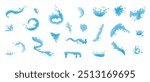 Water splash and splatter set. Liquid elements for drink product. Different blue shapes.