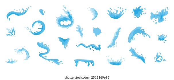 Water splash and splatter set. Liquid elements for drink product. Different blue shapes.