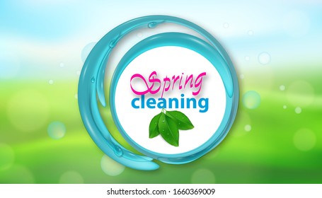 Water splash spring cleaning on background nature with green leaves. Services cleaning. Poster or banner with soap bubbles. Vector illustration.