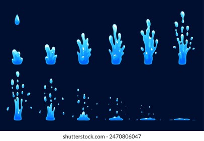 Wasser-Spritz-Sprite-Blatt-Animation für FX-Effekt von Brunnen-Spritzer-Tropfen, Cartoon-Vektorgrafik. Wasserstrahl-Splash-Bewegung Sprite-Blatt-Rahmen von 2D FX-Effekt von Tropfen oder Tröpfchen fallen in Pfützen-Spllatter