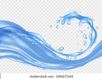 Water splash. Translucent flow of liquid with drops in light blue colors. Vector illustration.